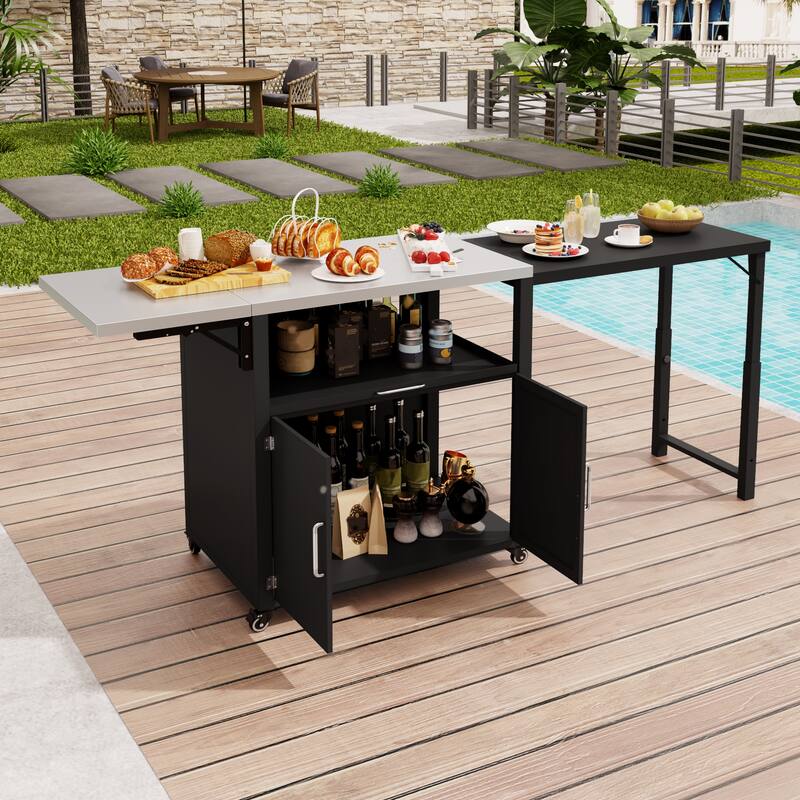 Outdoor Kitchen Island with Expandable Tabletop and Lockable Wheels