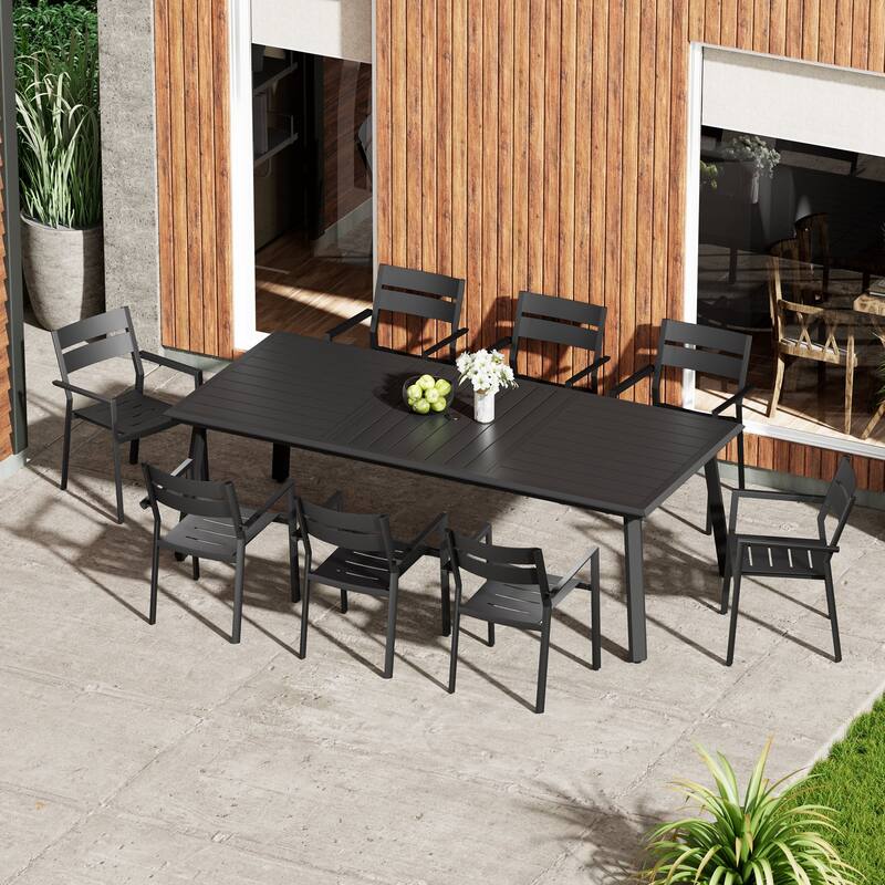 7/9/11 Piece Patio Dining Set Outdoor All-Weather Aluminum Dining Table with Umbrella Hole and Stackable Chairs - Set of 9 - with armchair
