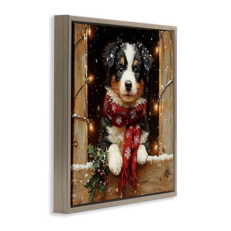 Stupell Snowy Christmas Lights Puppy Framed Floater Canvas Wall Art Design By Riley B