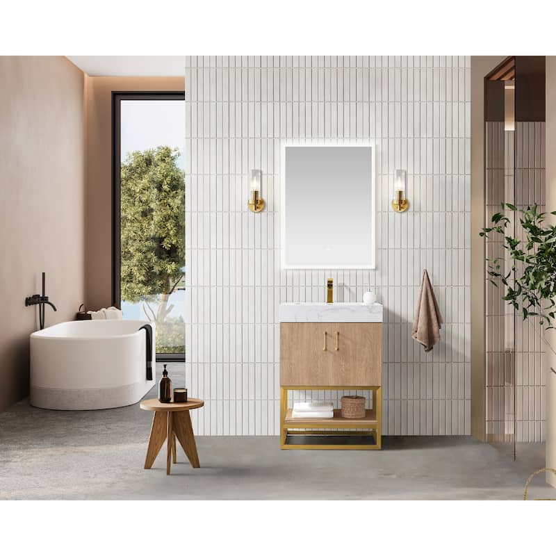 Alistair Single Bath Vanity with White Grain Stone Top & Mirror