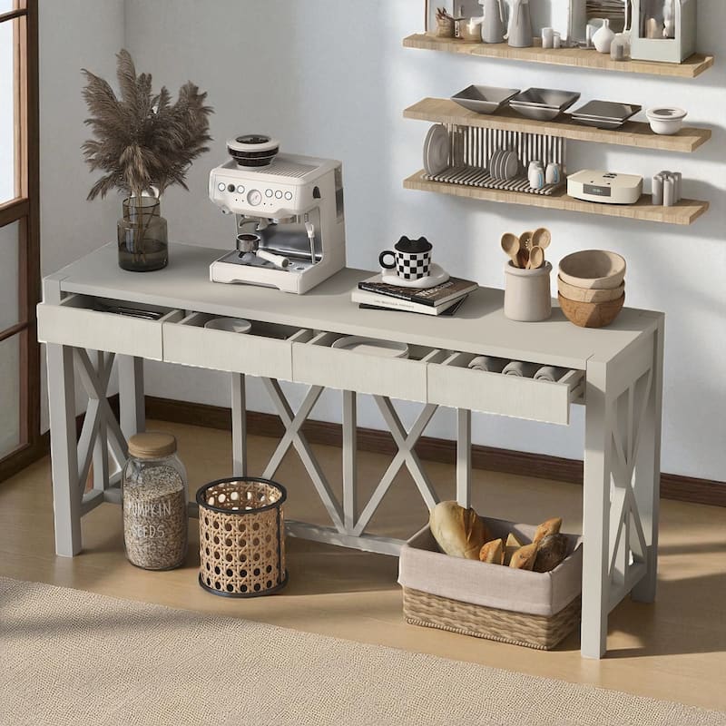 60'' Acacia Veneer Console Table with 4 Drawers and Open Shelf, Farmhouse Entryway Table with Cross Legs