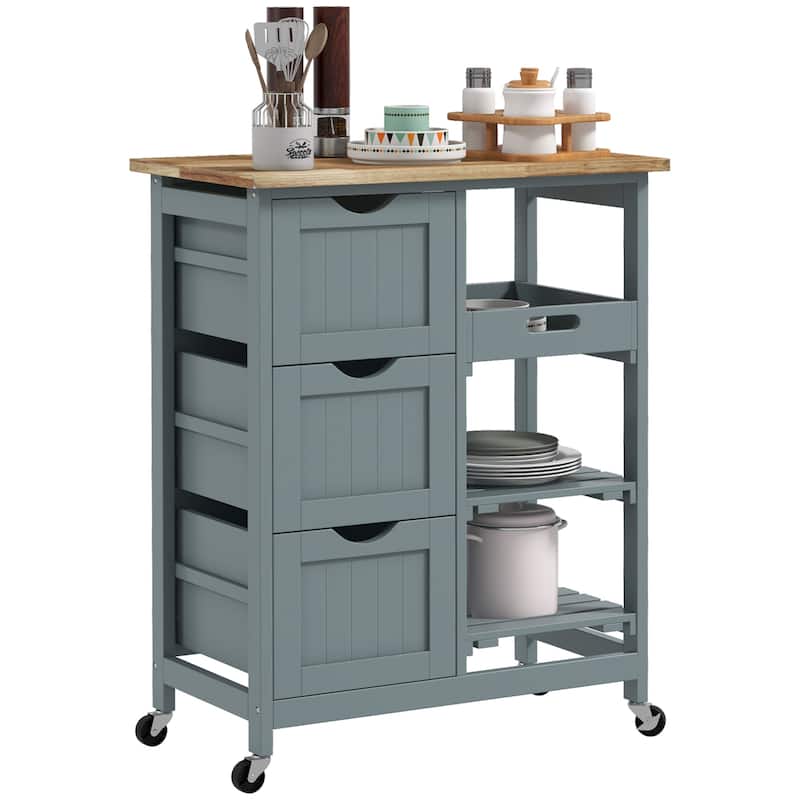 Kitchen Island Cart Rolling with Solid Wood Top, 3 Drawers, 3 Removable Shelves, Serving Utility Carts for Dining Room - Gray