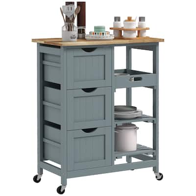 Rolling Kitchen Island cart, Bar Serving cart, Compact Trolley on Wheels with Wood Top, Shelves & Drawers for Home Dining Area