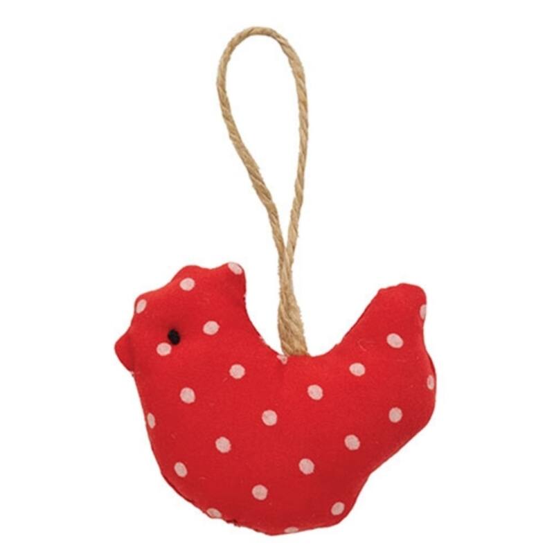 Red Fabric Polka Dot Chicken Ornament with Jute Hanging Loop - 2.50 x 0.75 x 2.50 in. - Red