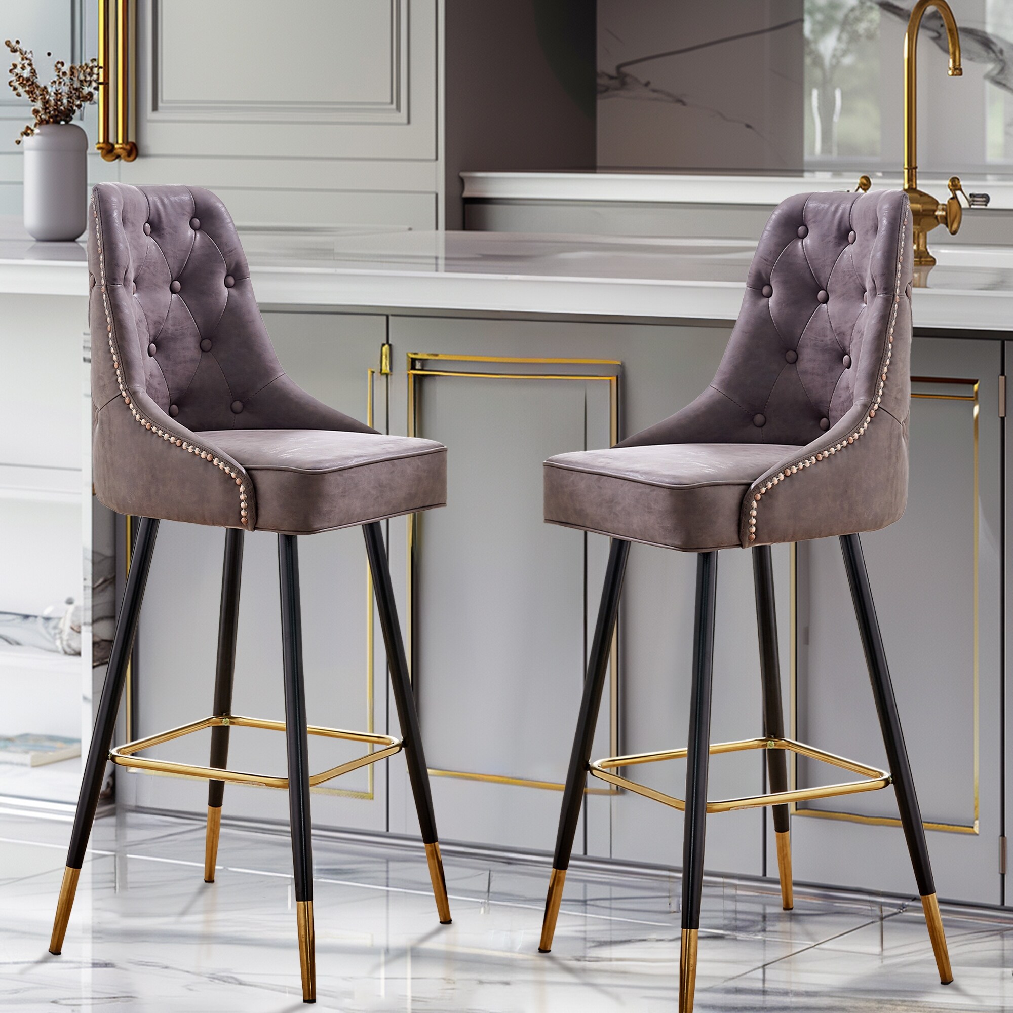 Set of 2 Faux Suede Bar Stools Counter Chair in Brown with Four Legs for Dining Bar