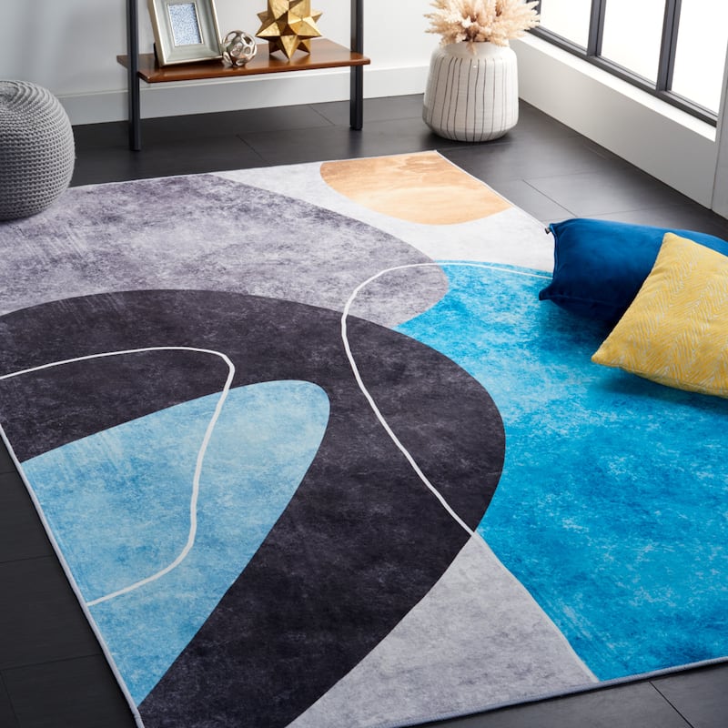 SAFAVIEH Tacoma Machine Washable Slip Resistant Margarette Mid-Century Modern - 4' x 4' Square - Dark Grey/Turquoise