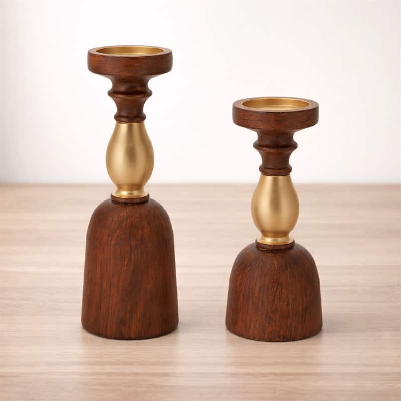 Natural Wood Candle Holder with Metal Accent (Set of 2)