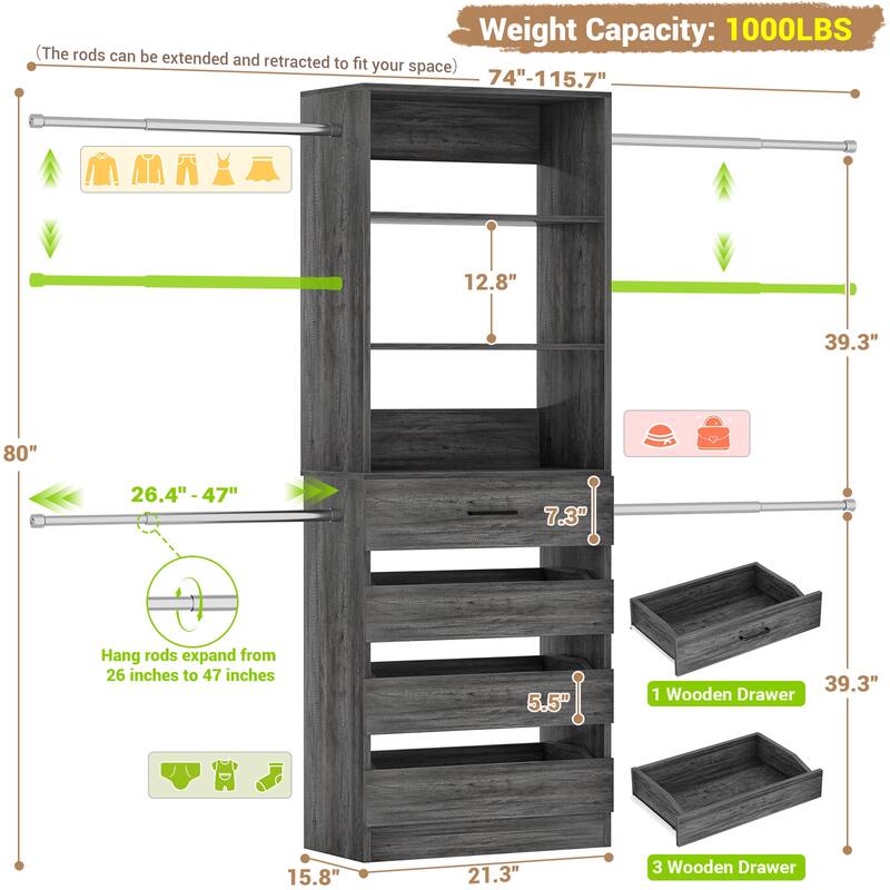Modular Closet System Wardrobe Organizer 4 Adjustable Hanging Rods + 4 Wooden Drawers, Space-Saving for 4-9Ft Closets