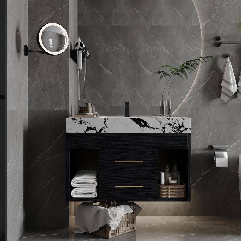 29.9" Floating Bathroom Vanity for Small Bathrooms - Sintered Stone Top & Ceramic Undermount Sink