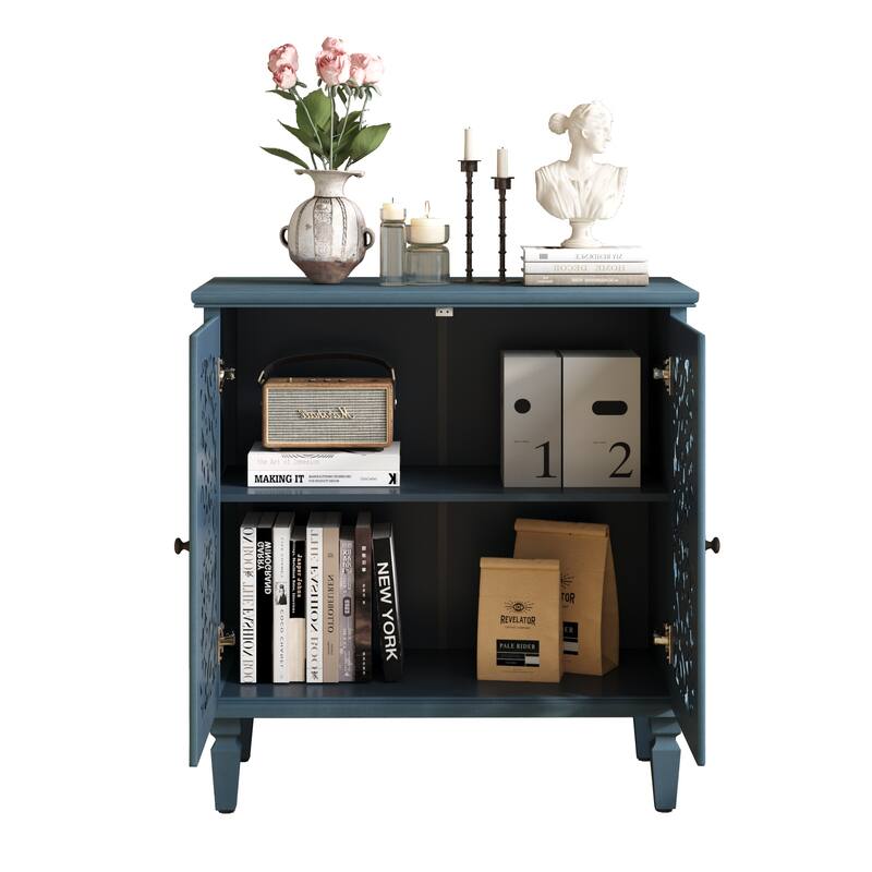 Roomfitters 2-Door Hollow-Carved Accent Cabinet, Symmetrical Floral Sideboard with Adjustable Shelf
