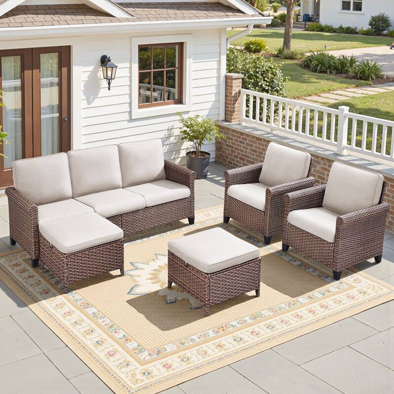 Pocassy Outdoor Sofa Swivel Chairs Patio Chair Funiture Set - 5PCS Sofa Patio Chair w/ Ottoman - Brown Wicker Blue Cushion