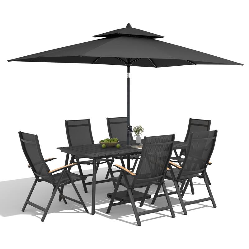 9/11-Piece Outdoor Patio Dining Set Aluminum Dining Table and Folding Chairs w/10 ft Umbrella and Base