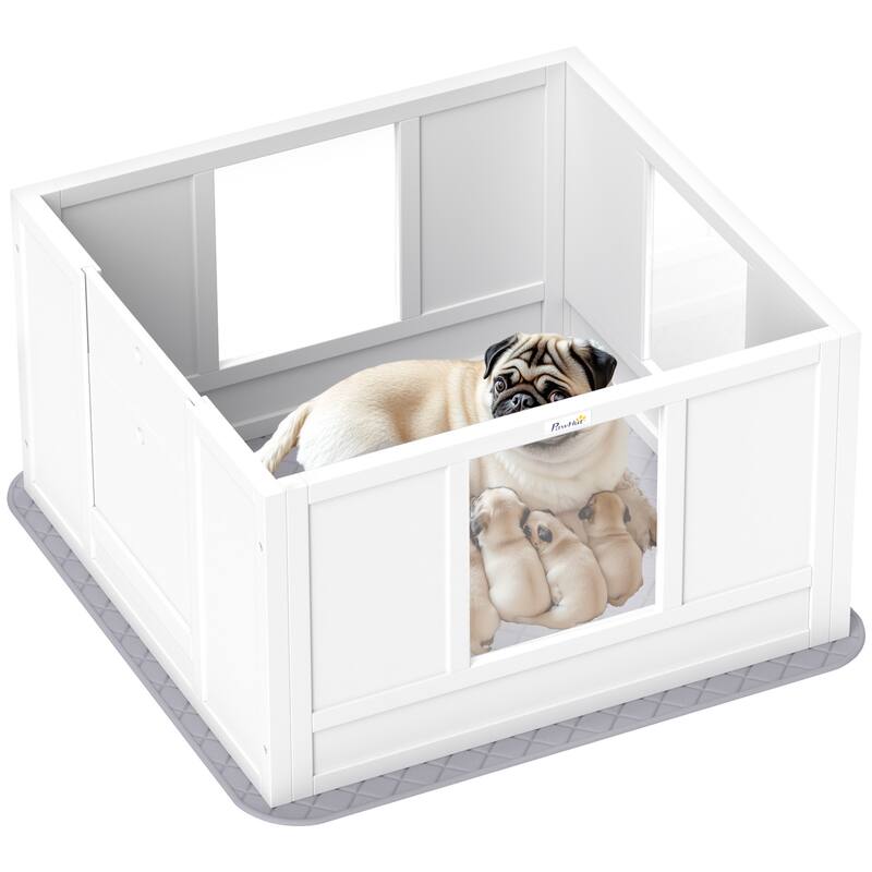 PawHut Whelping Box for Dogs with Waterproof Whelping Pad, Dog Whelping Pen with Clear Panels, Adjustable Entrance, Double Room - White