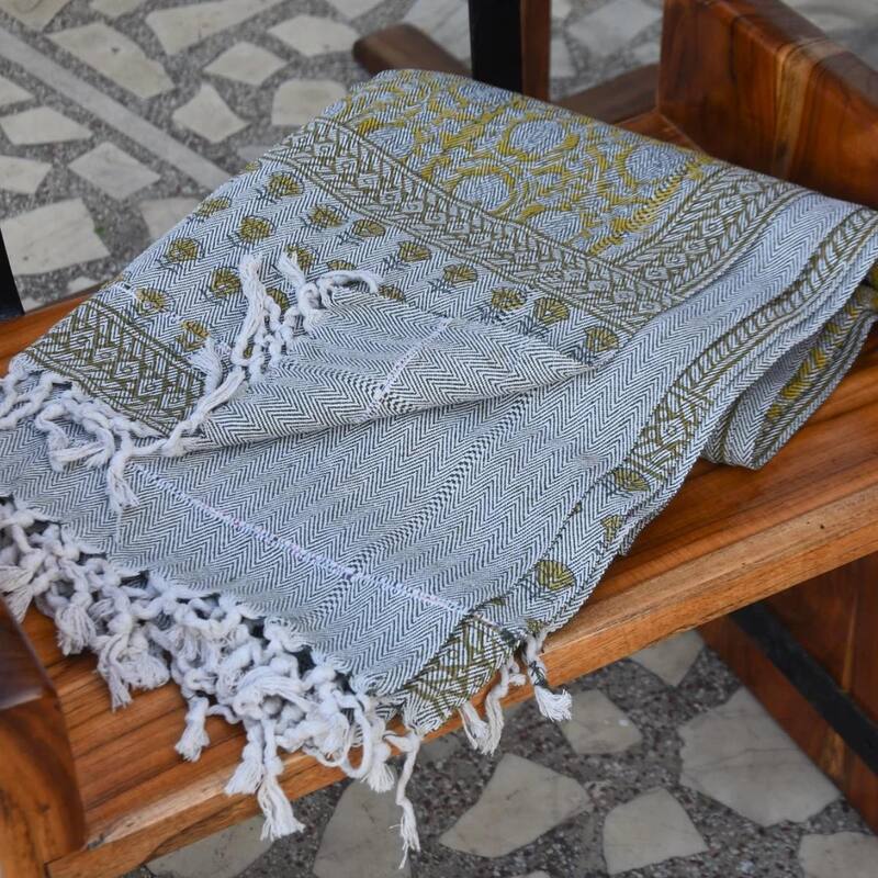 Fabdivine Floral 6 Kamal Handwoven Cotton Blanket - Stylish Block Print Reversible Throw with Artisan Tassels, 90" x 54"