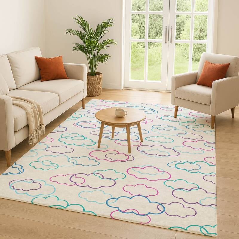 Machine Washable Indoor/ Outdoor Modern Clouds Chantille Rug