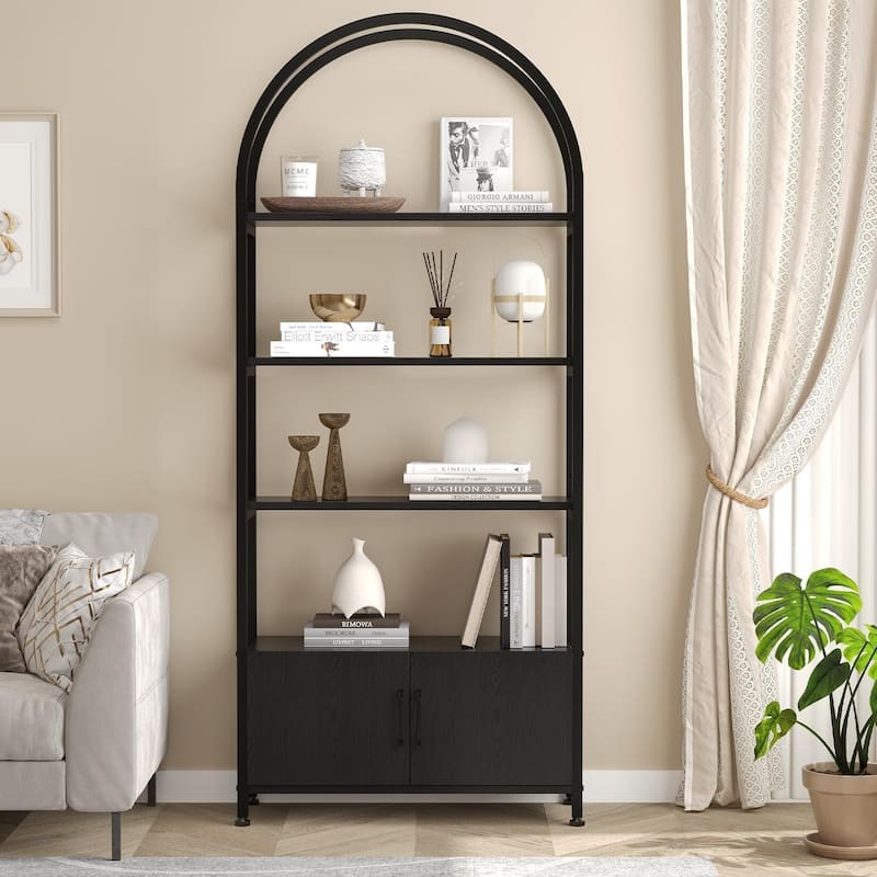 71.5 Inch Open Bookshelf with 2 Doors and 4 Shelves, Tall Standing Bookshelves Metal Frame Storage