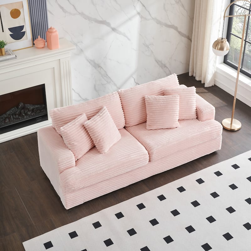 Corduroy Upholstered 3 Seater Sofa, Oversized Cloud Deep Seat Couch with 4 Lumbar Pillows, Loveseat for Living Room, Apartment - Pink