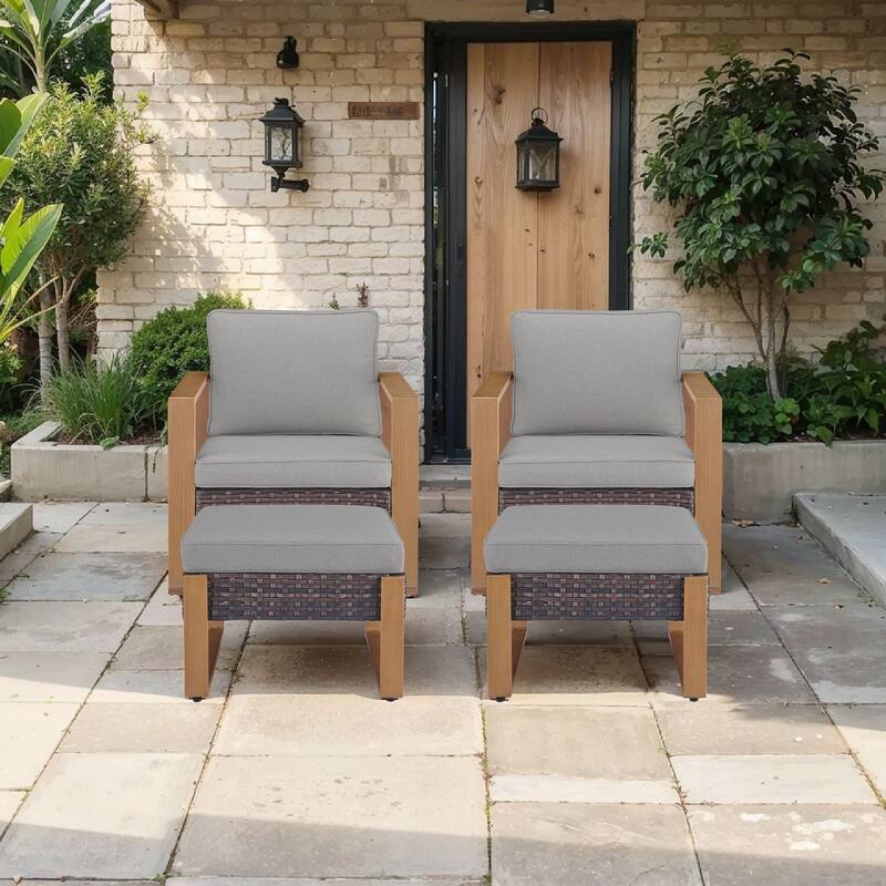 Pocassy Outdoor Patio Chairs Set for Garden Yards - 4 Pieces Patio Chairs w/ Ottoman - Brown Wicker Gray Cushion
