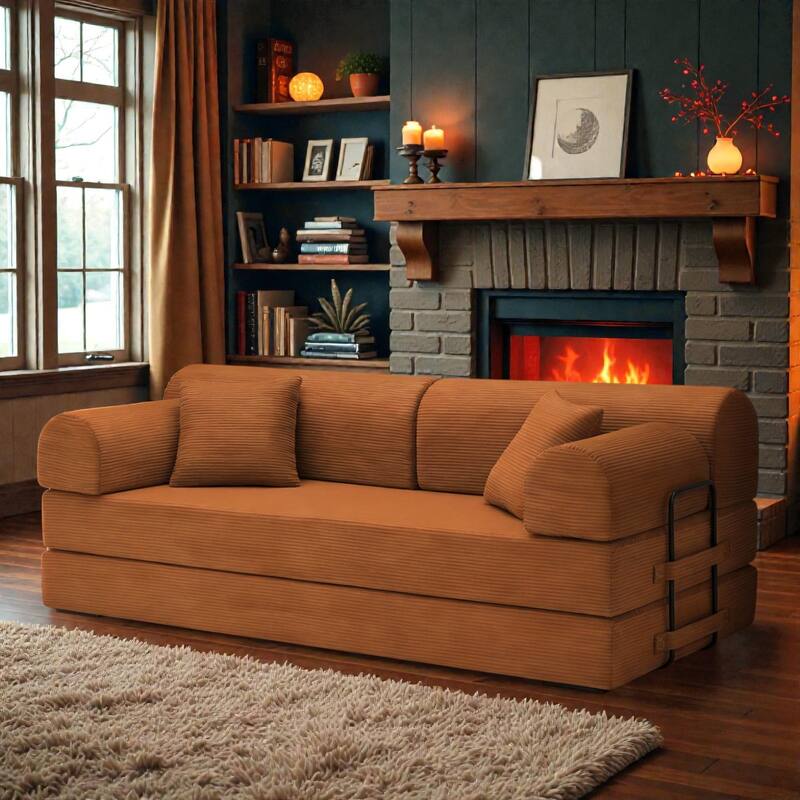 Convertible Sleeper Sofa Bed, 4-in-1 Corduroy Folding Floor Couch with Cylindrical Pillow, 2-Seat Space-Saving Lounge Sofa