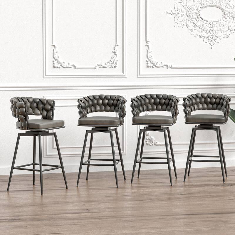 Woven Bar Stool Set of 2,No Adjustable Chairs,360 Swivel Bar Stools Upholstered Counter Stool Arm Chairs with Back Footrest