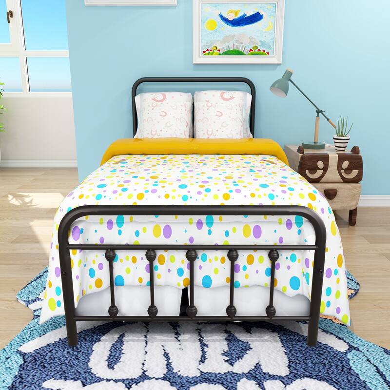 Victorian Style Metal Platform Bed Frame with Headboard/Footboard, Under Bed Storage, No Box Spring Needed, Twin Size Black