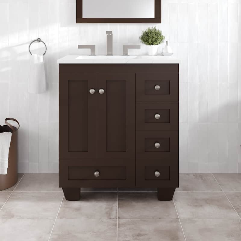 Eviva Acclaim 28 in. Bath Vanity with White Carrara Quartz Top - Teak