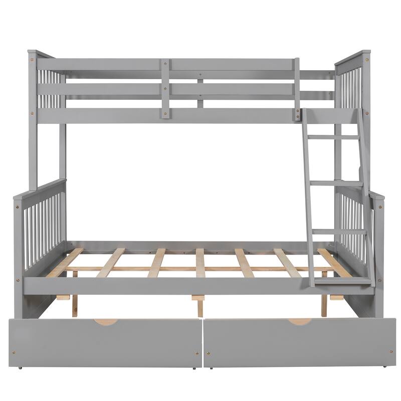 Twin-Over-Full Bunk Bed with Ladders and Two Storage Drawers in Gray