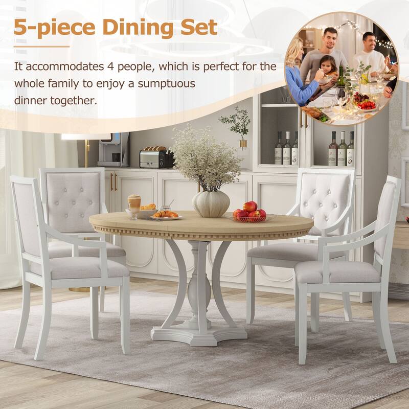Retro 5-piece Dining Set Extendable Round Table and 4 Chairs