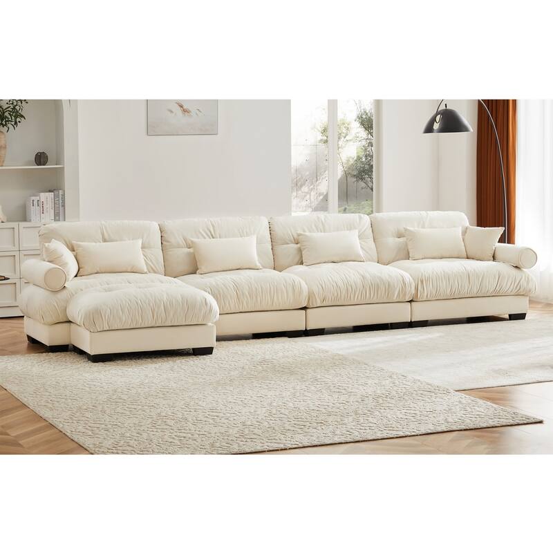 L-shaped Convertible Velvet Sectional Cloud Sofa with Ottoman & Pillows