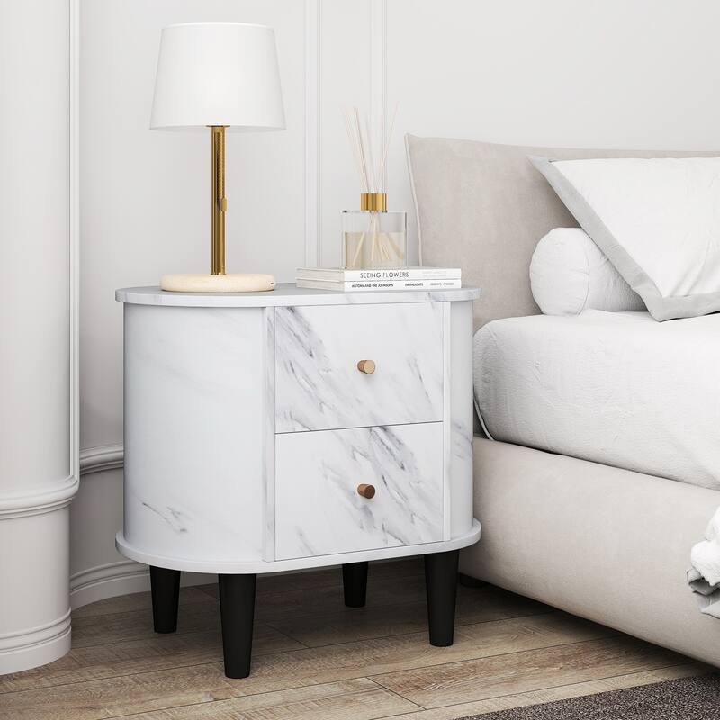 Gymax Nightstand w/ 2 Drawers Faux Marble Bedside Table for Small