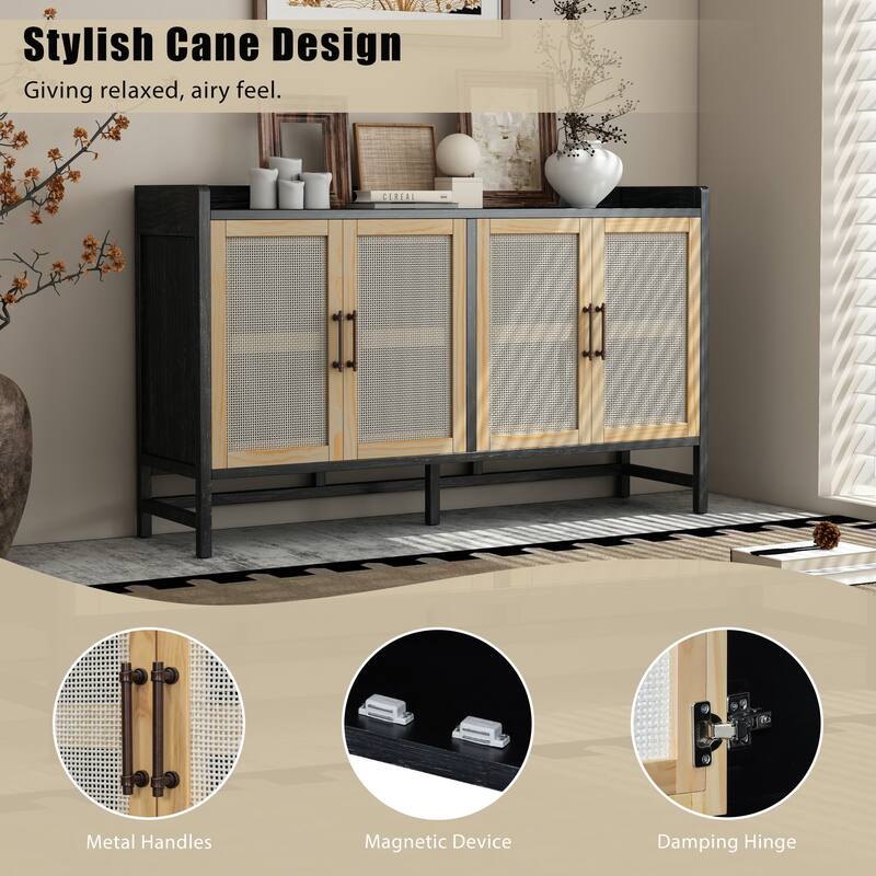 4 Doors Rattan Accent Storage Cabinet Buffet Cabinet, Solid Pine Legs