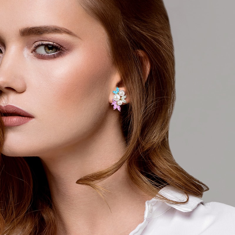 Miadora Cultured Freshwater Pearl and Gemstone Cluster Drop Earrings Sterling Silver