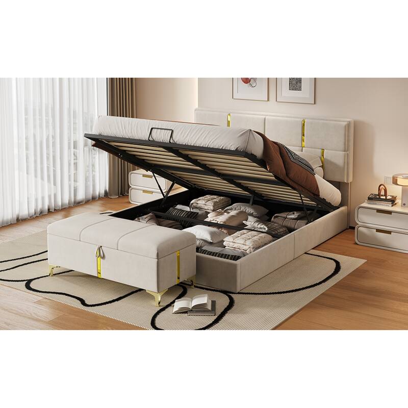 Roomfitters 2 Piece Bedroom Set, Queen Upholstered Platform Bed with Hydraulic Lift Base and Matching Ottoman Bench, Beige