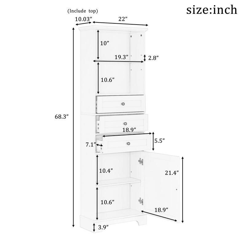 68" Tall Freestanding Bathroom Cabinet with 3 Drawers and Adjustable Shelves