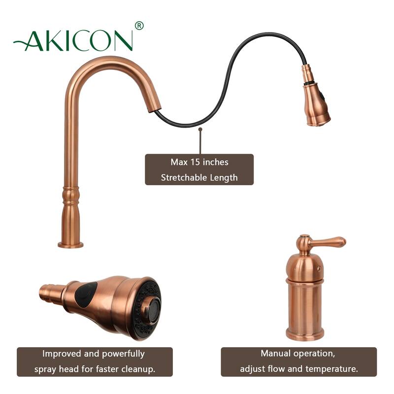 Copper Kitchen Faucet with in-Deck Handle, Single Level Handle and Pull Down Sprayer