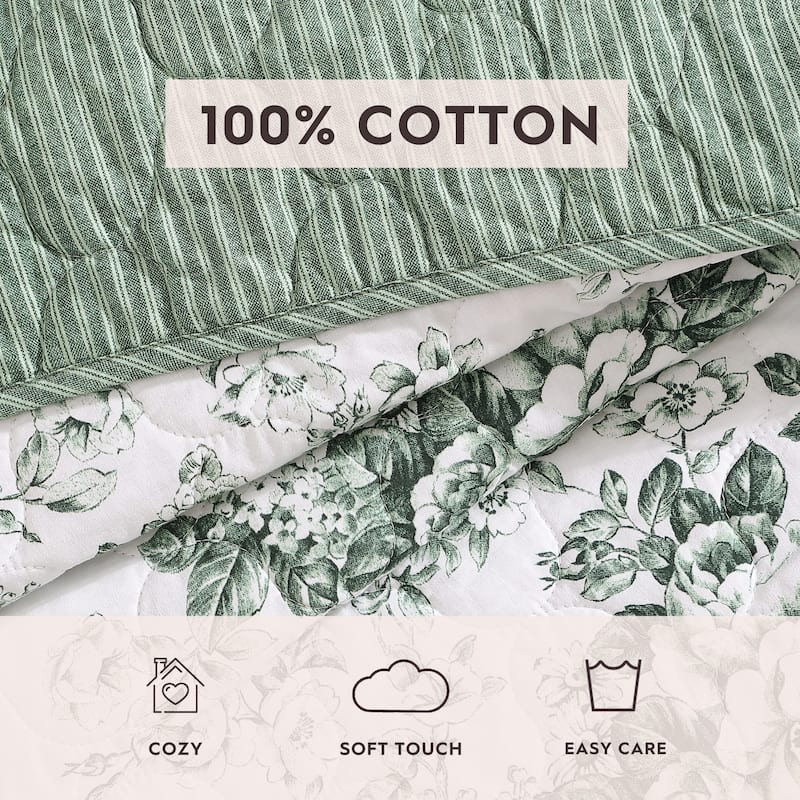 Laura Ashley Toile Delight Cotton Reversible Green Quilt Set