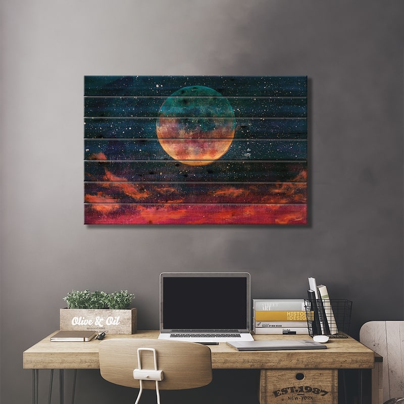 Moon Among Stars In Universe Print On Wood by Valery Rybakow - Multi-Color
