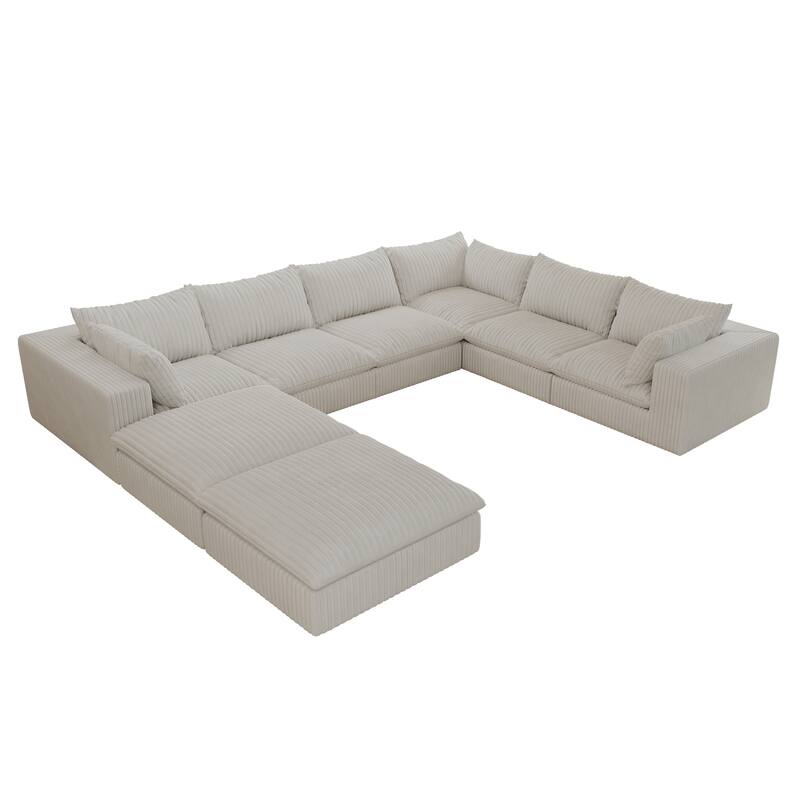 157.6" White Corduroy Fabric Cloud Sofa: Deep Seat, Double-layer, Removable Cushion, No Assembly, DIY Combo
