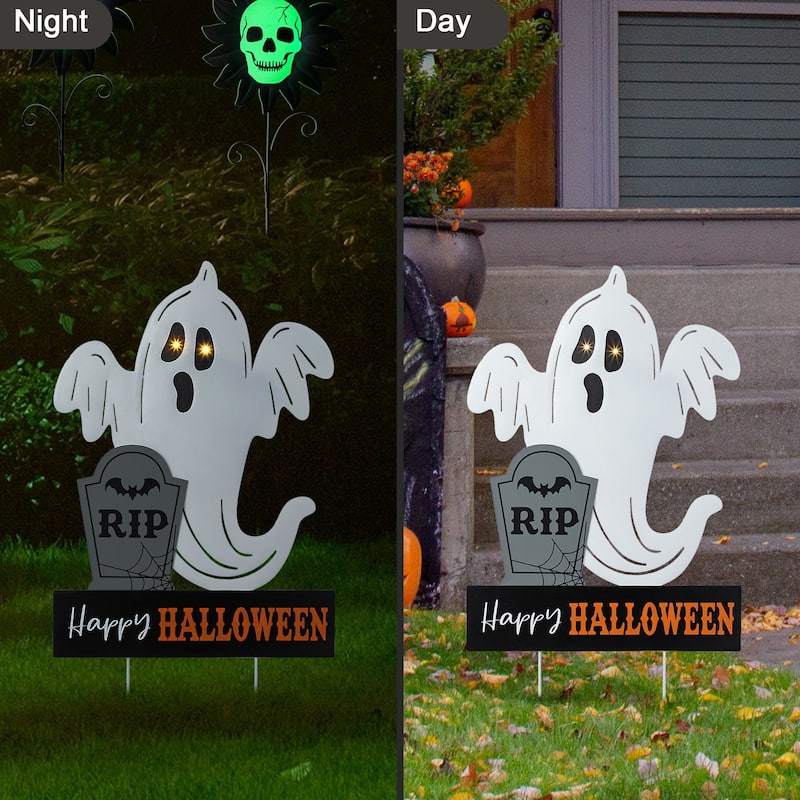 Glitzhome 32"H Lighted Halloween Metal Ghost Yard Stake Hanging Decor with Timer - Ghost Tombstone