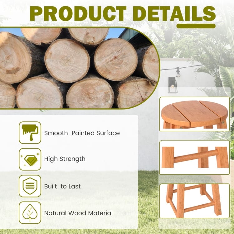 Natural Eucalyptus Wood Outdoor Bar Stools Set of 2 with Crossbars and Comfortable Seat - 11.5" x 11.5" x 18"