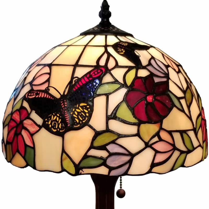 Dark Brown Metal Table Lamp with Multi Stained Glass Shade Pull Chain - 12” x 17” x 19” (D x W x H)