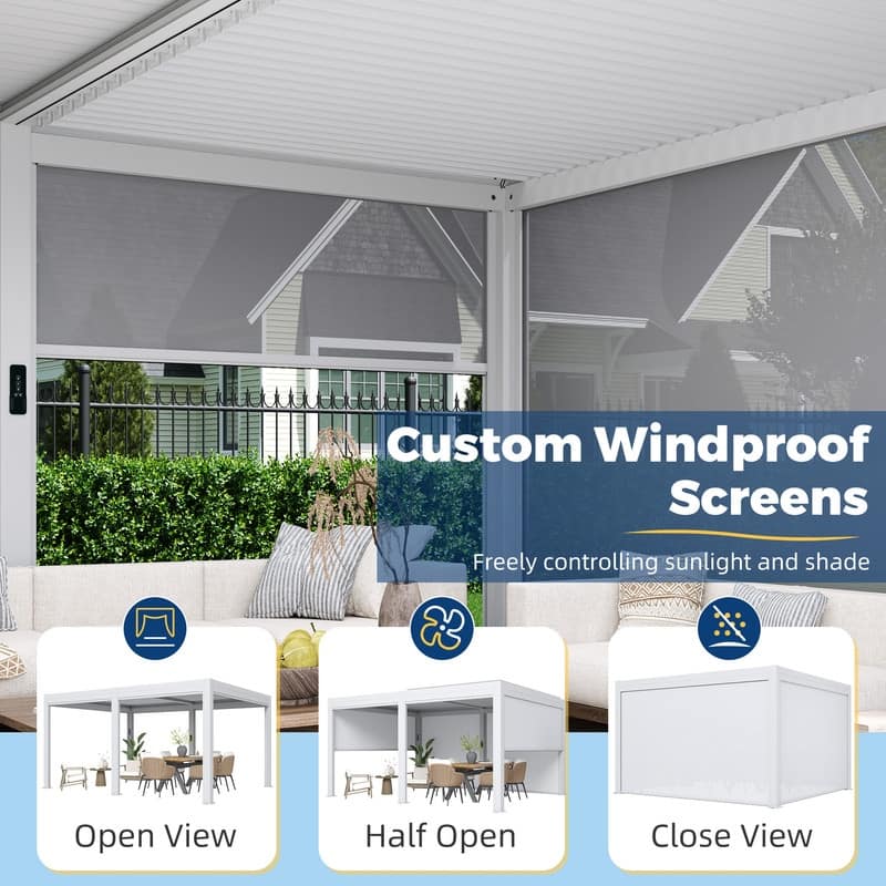 EROMMY Outdoor Louvered Pergola Gazebo with Adjustable Aluminum Rainproof Roof and Pull-Down Screen