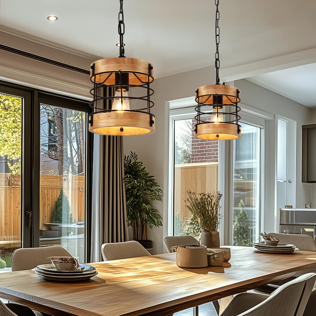 YANSUN Set of 2 Light Wood 1-Light Drum Pendant Lights with E26 Base, Perfect for Cozy and Modern Spaces