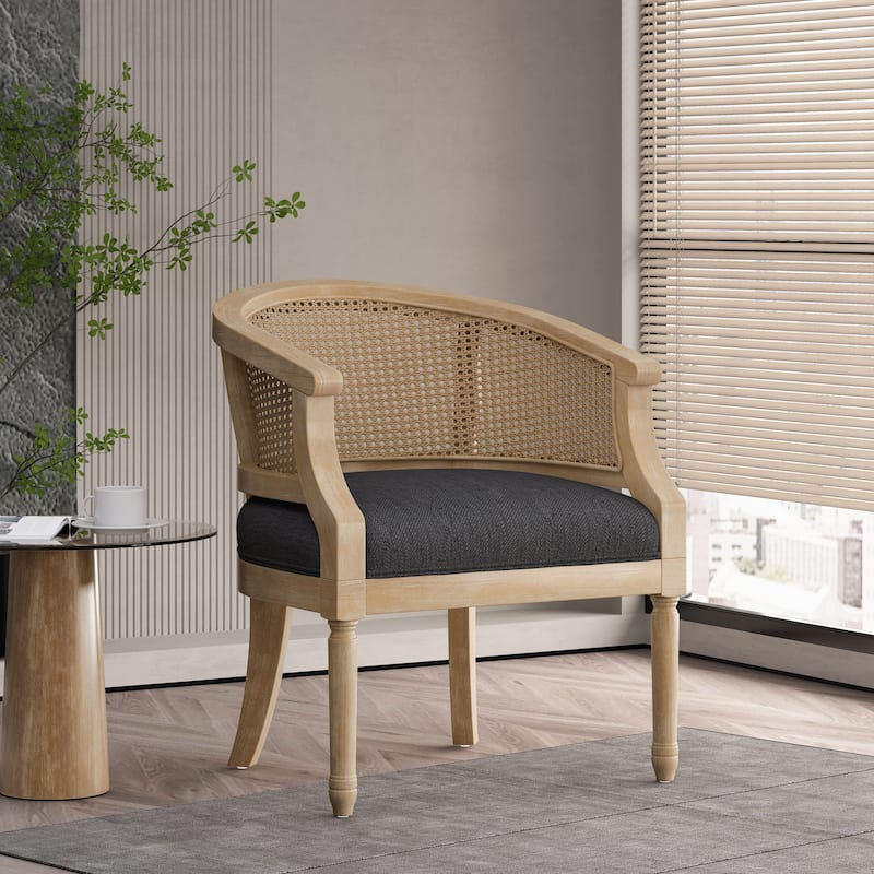 Roomfitters Natural Rattan Barrel Accent Chair, Cane Woven Backrest with Upholstered Seat