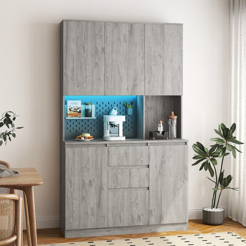 Freestanding Buffet Cupboard with Charging Station, LED Lights and Microwave Stand
