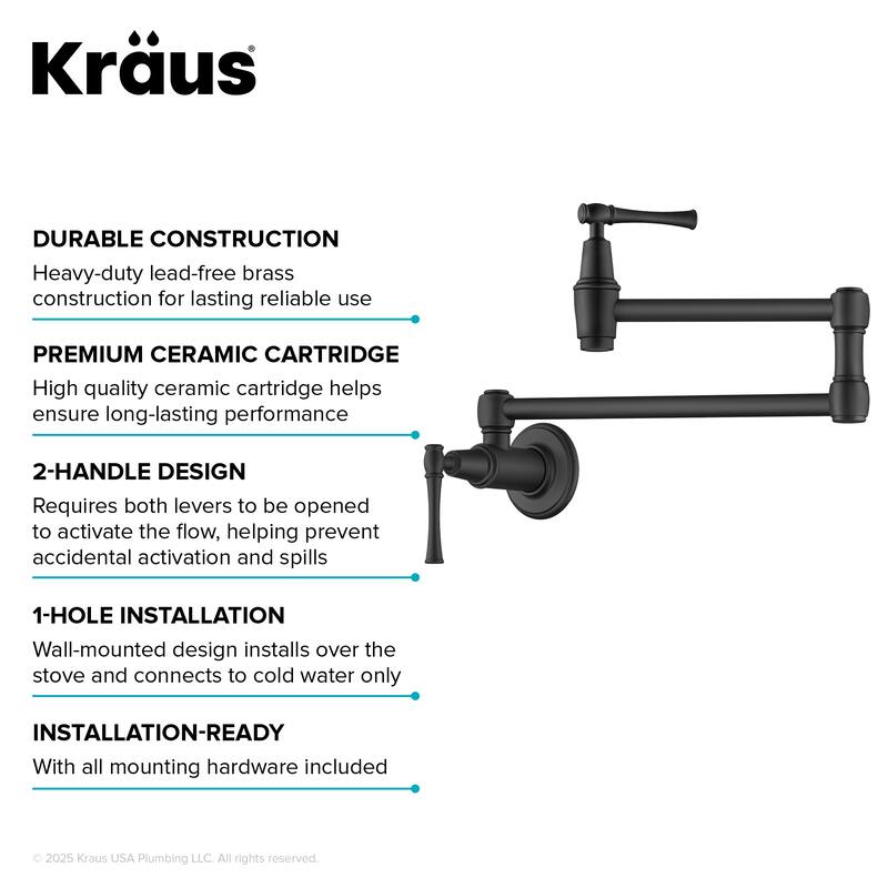 KRAUS Allyn Wall Mount Pot Filler Kitchen Faucet with Retractable Arm
