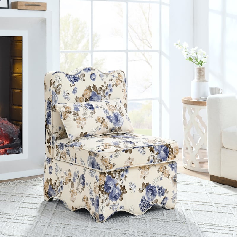 Roomfitters Floral Flannel Accent Chair with Pillow, Armless Upholstered Lounge Chair with Soft Cushion for Living Room - Blue