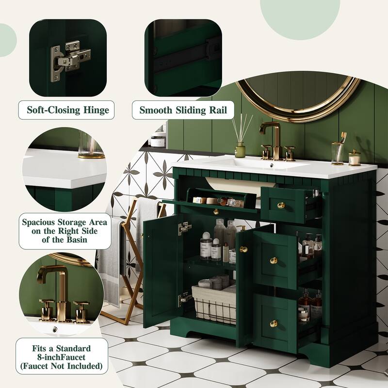Roomfitters 36 Inch Bathroom Vanity with Sink, Modern Storage Cabinet with Adjustable Shelf and Drawers, Green