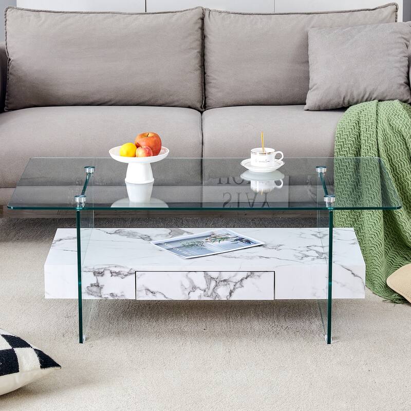 43.3 Inch Double Layer Coffee Table Storage Side Table with Open Storage Shelves, Drawers Glass Center Table End Table