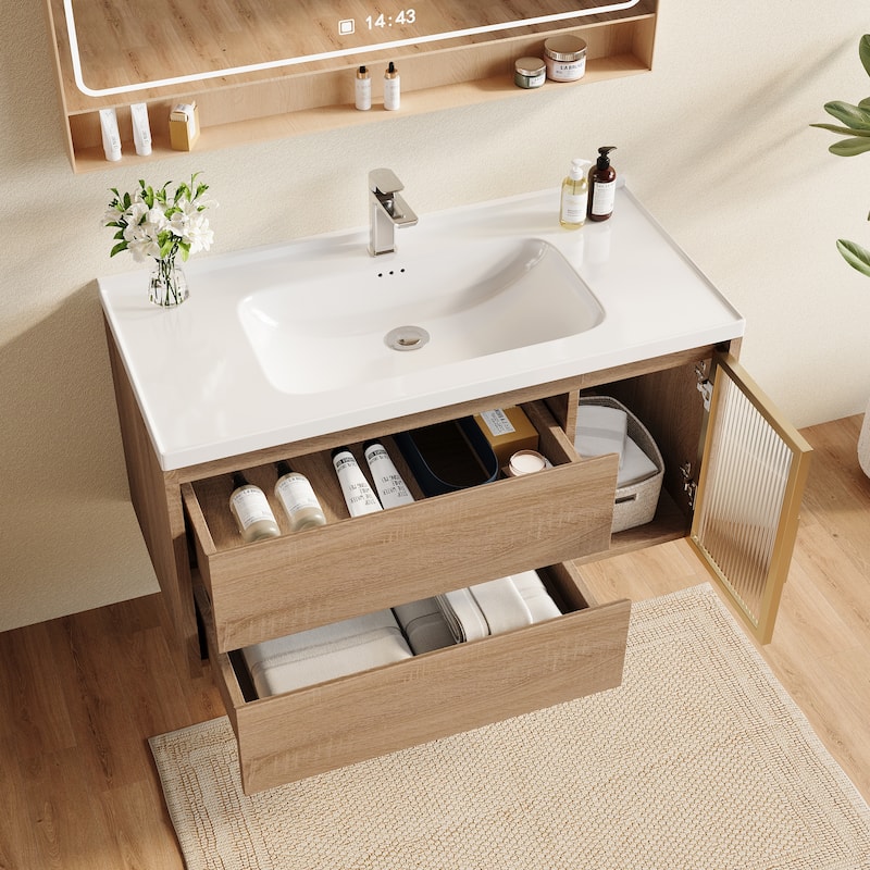 35.8" Single Bathroom Vanity with Sink, Glossy Stone Table top, Not Assembled need - 36"